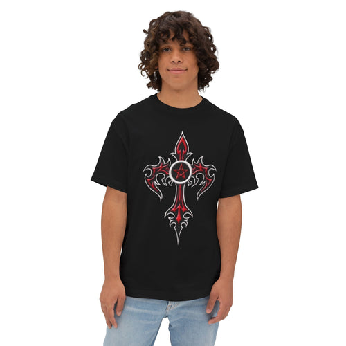Edgy Graphic Tee for Unique Style, Unisex Boxy T-Shirt, Trendy Oversized Apparel, Gothic Cross Design, Perfect Gift for Music Lovers