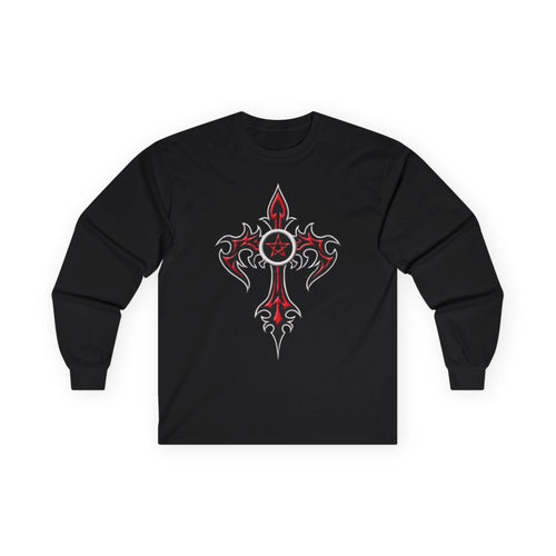 Gothic Cross Long Sleeve Tee, Unisex Graphic Shirt, Edgy Casual Wear, Alternative Fashion, Gift for Metalheads