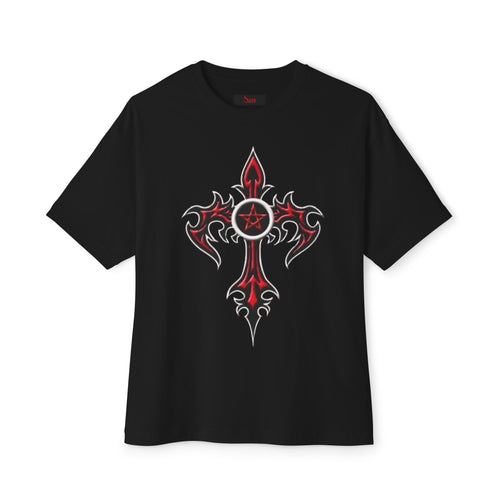 Edgy Graphic Tee for Unique Style, Unisex Boxy T-Shirt, Trendy Oversized Apparel, Gothic Cross Design, Perfect Gift for Music Lovers